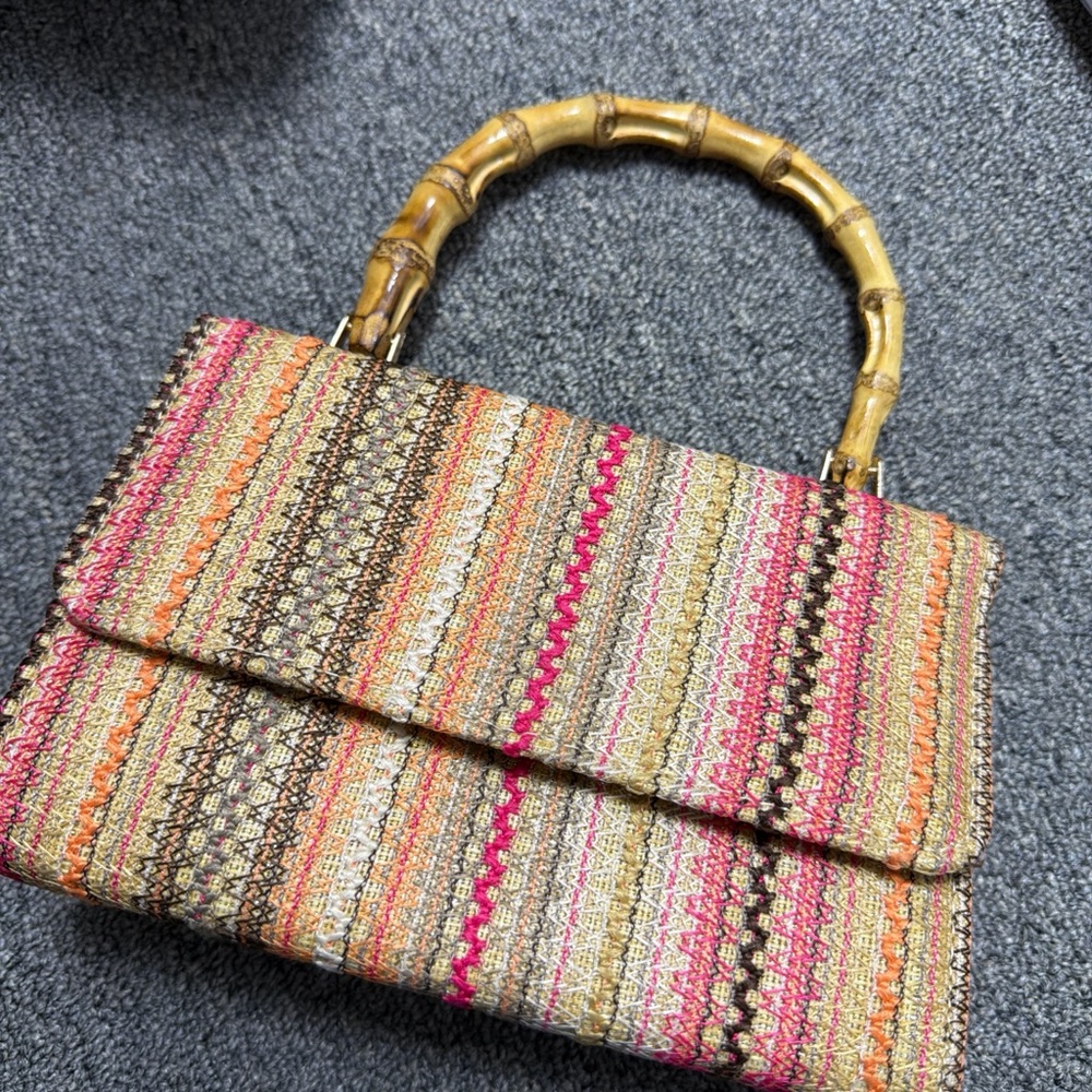 Multicolor Woven Handbag with Bamboo Handle